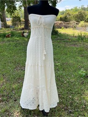 Farm Rio Anthro Strapless Crochet Maxi dress Ivory Size S Cottagecore Chic Boho